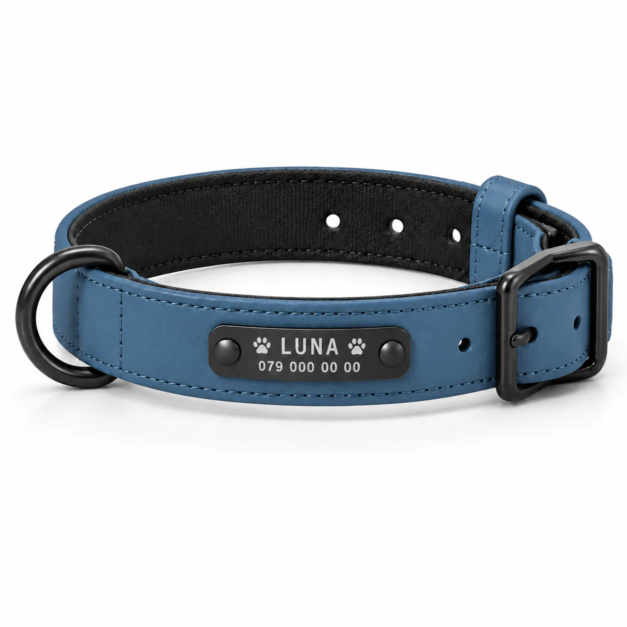 Blaues personalisiertes Hundehalsband mit Namensschild