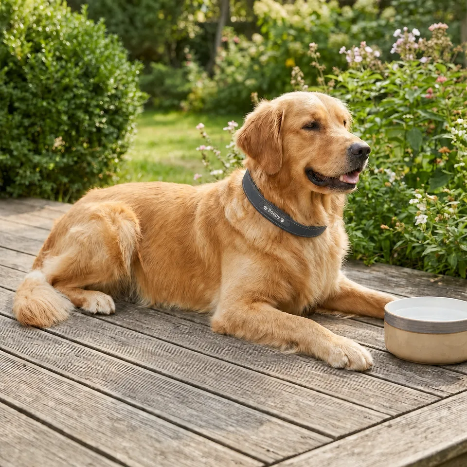 Golden Retriever mit blauem personalisiertem Hundehalsband
