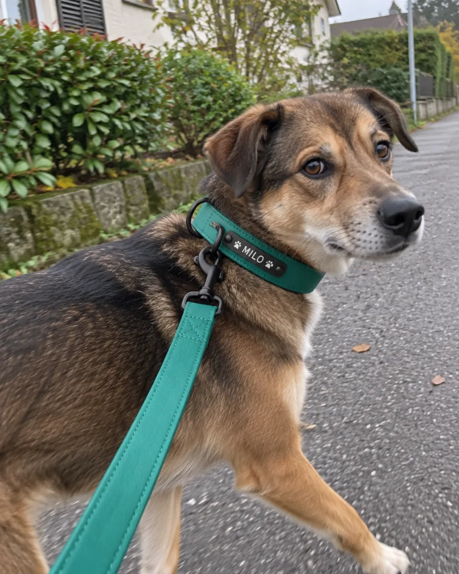 Hund Milo mit grünem personalisiertem Halsband beim Spaziergang