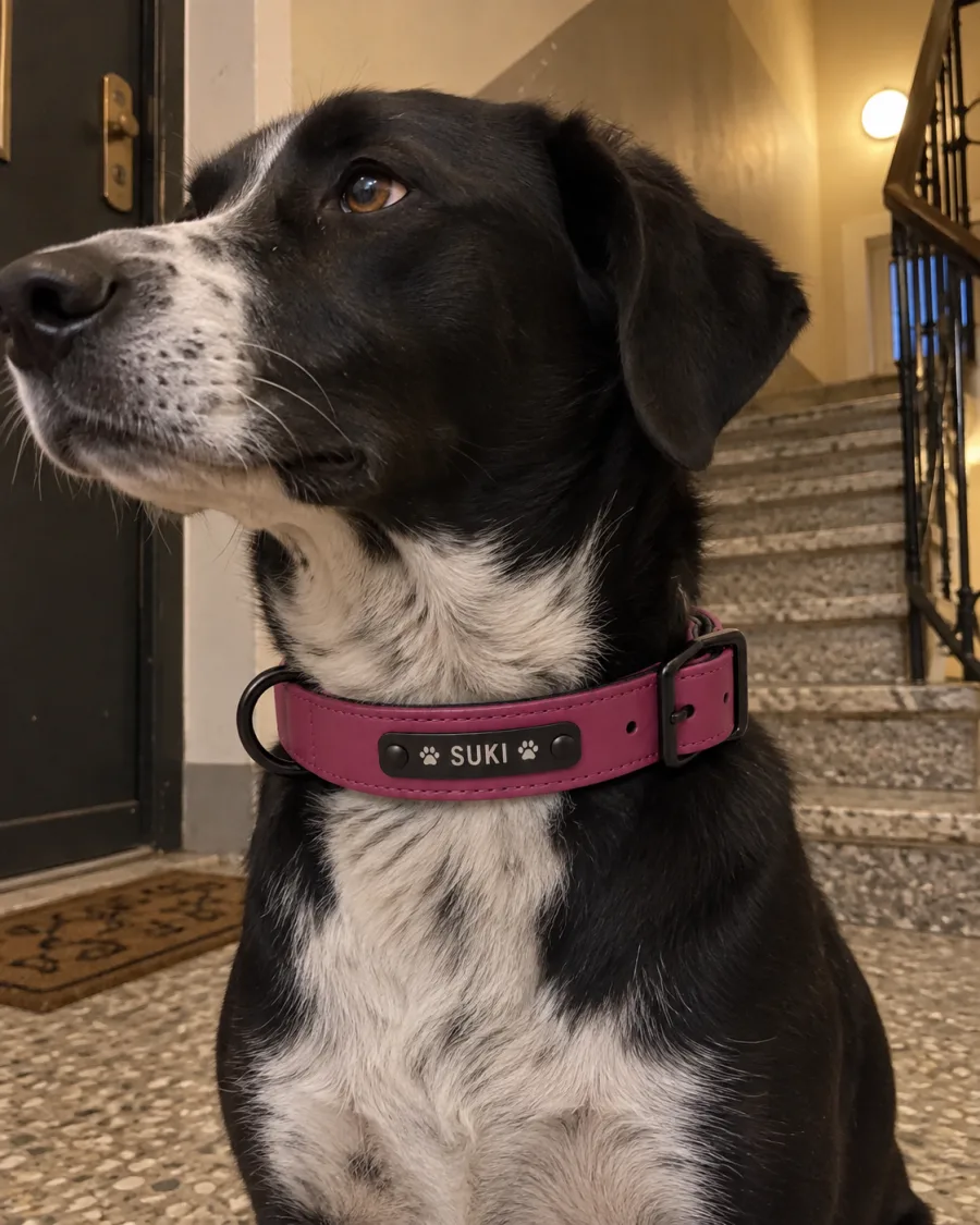 Hund Suki mit purpurrotem personalisiertem Halsband im Treppenhaus